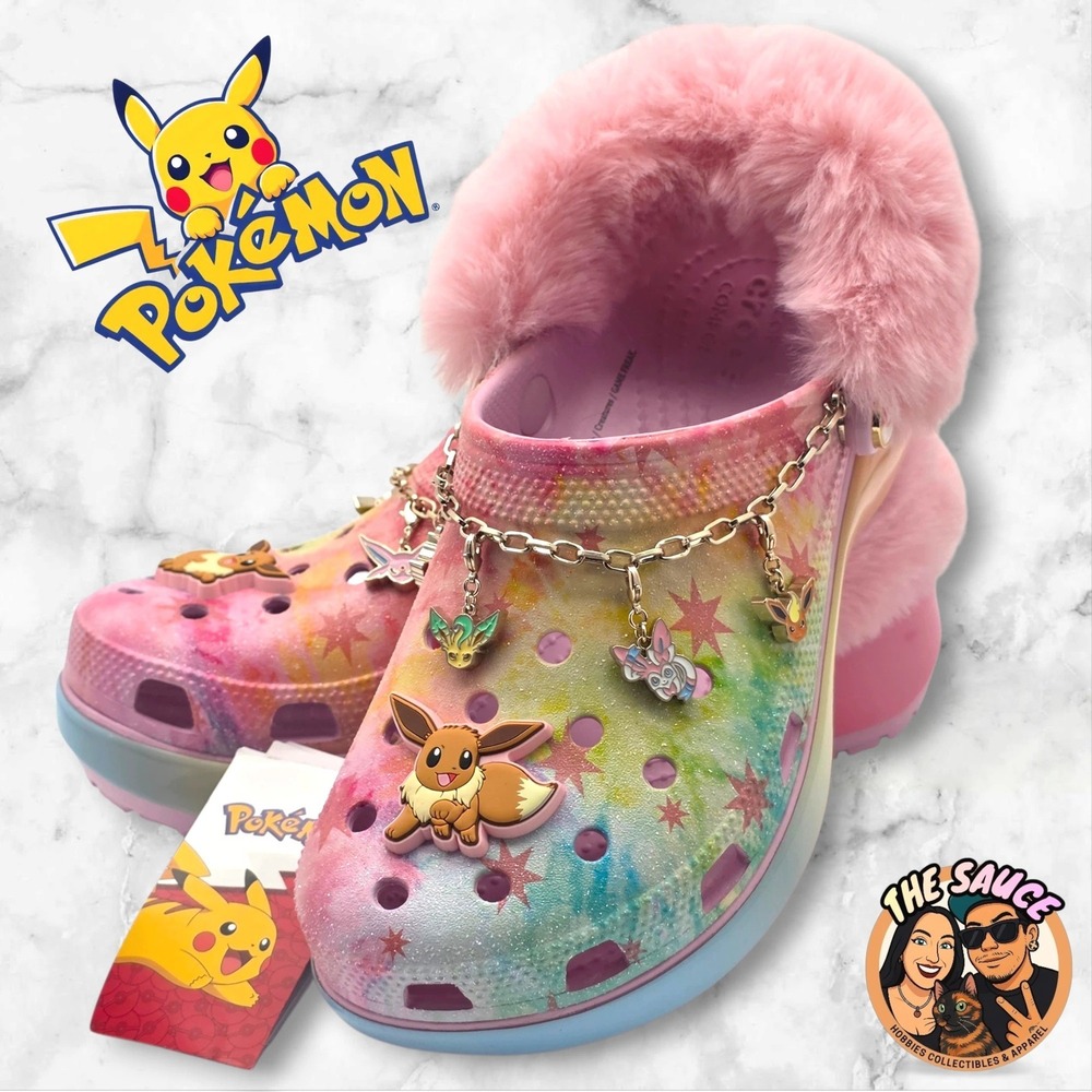 Crocs Pokemon Eevee Platform Clogs Womens 8 Pink Tie Dye Fur Trim Kawaii Sparkly